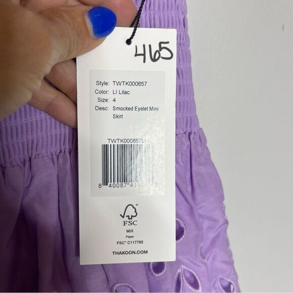 $250 NWT THAKOON EYELET SMOCKED WAIST MINISKIRT IN LILAC - Picture 4 of 6